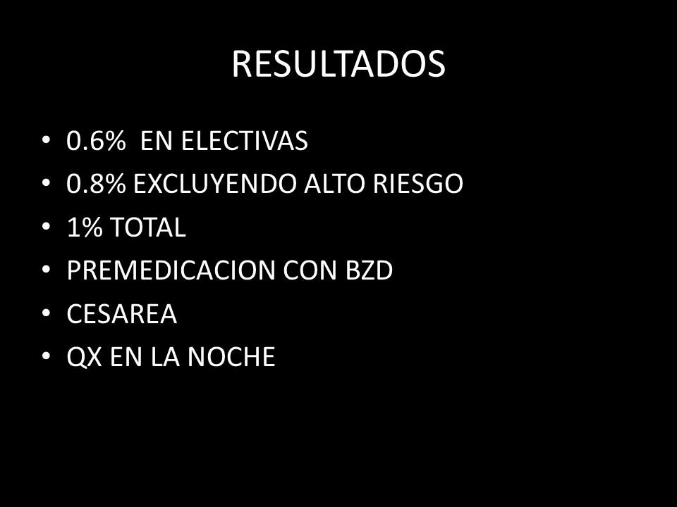 RESULTADOS 0.6% EN ELECTIVAS 0.8% EXCLUYENDO ALTO RIESGO 1% TOTAL