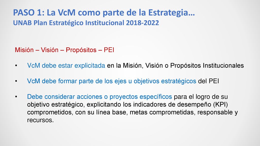 PASO 1: La VcM como parte de la Estrategia… UNAB Plan Estratégico Institucional