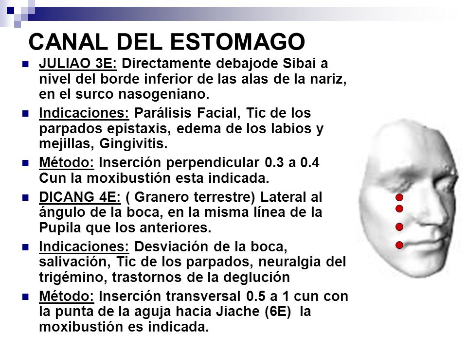 CANAL DEL ESTOMAGO JULIAO 3E: Directamente debajode Sibai a nivel del borde inferior de las alas de la nariz, en el surco nasogeniano.