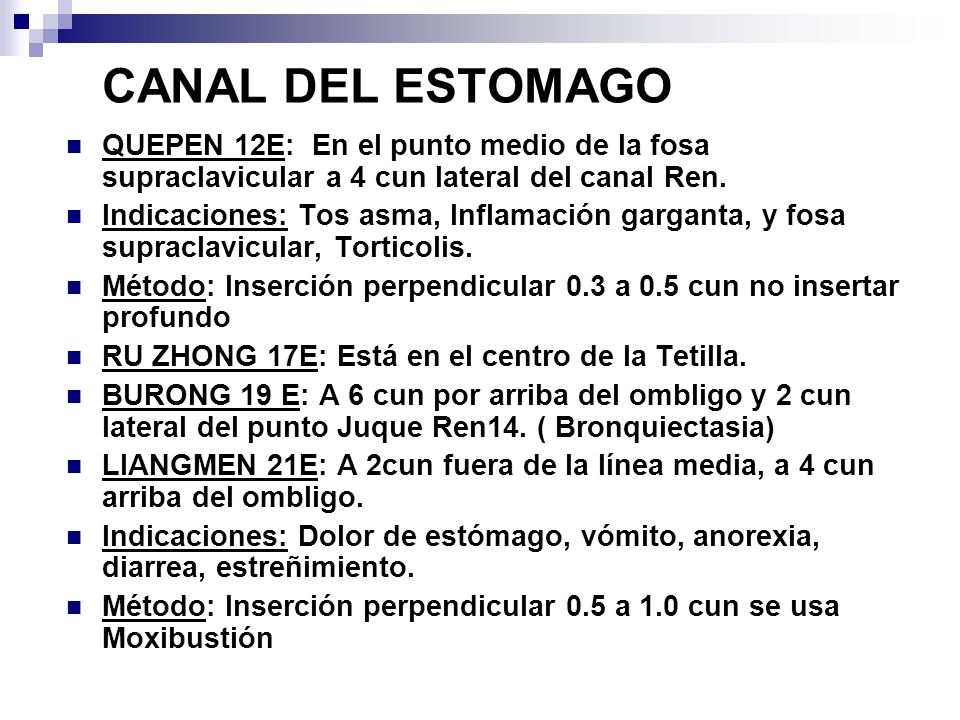 CANAL DEL ESTOMAGO QUEPEN 12E: En el punto medio de la fosa supraclavicular a 4 cun lateral del canal Ren.