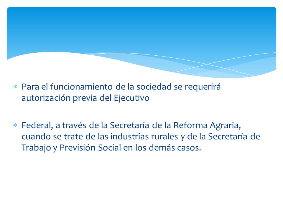 Para el funcionamiento de la sociedad se requerirá autorización previa del Ejecutivo