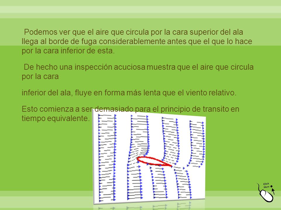 Podemos ver que el aire que circula por la cara superior del ala llega al borde de fuga considerablemente antes que el que lo hace por la cara inferior de esta.