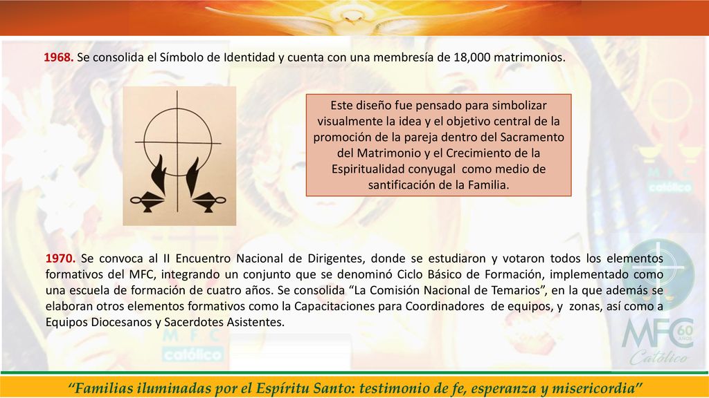 1968. Se consolida el Símbolo de Identidad y cuenta con una membresía de 18,000 matrimonios.