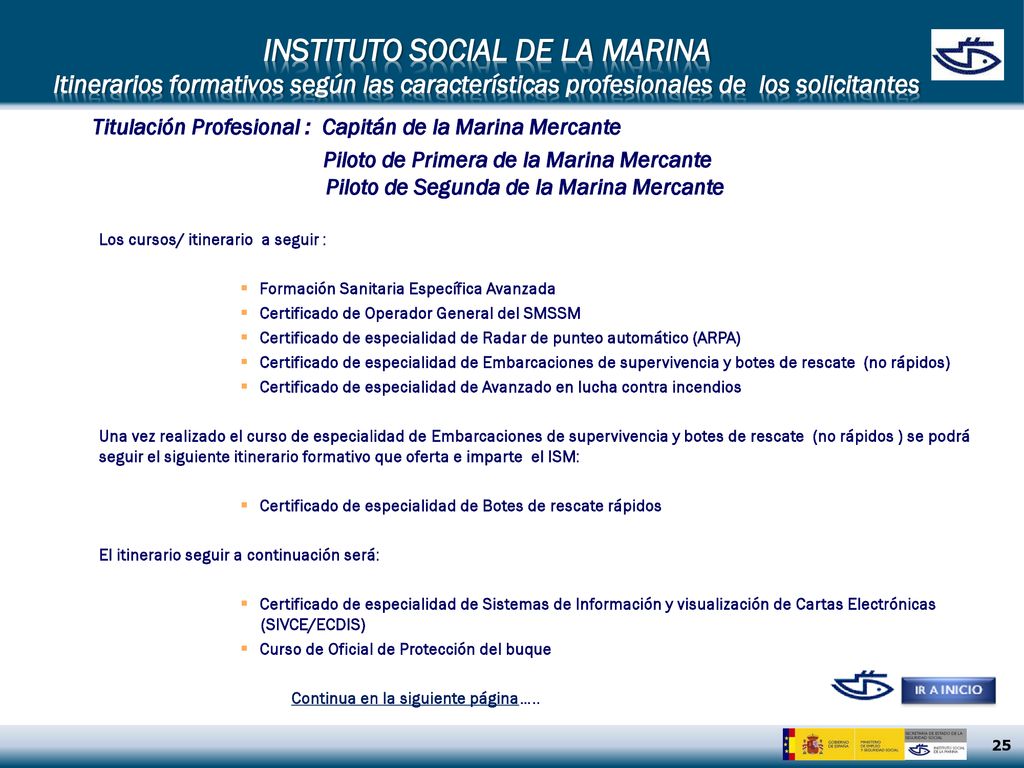 INSTITUTO SOCIAL DE LA MARINA Itinerarios formativos según las características profesionales de los solicitantes