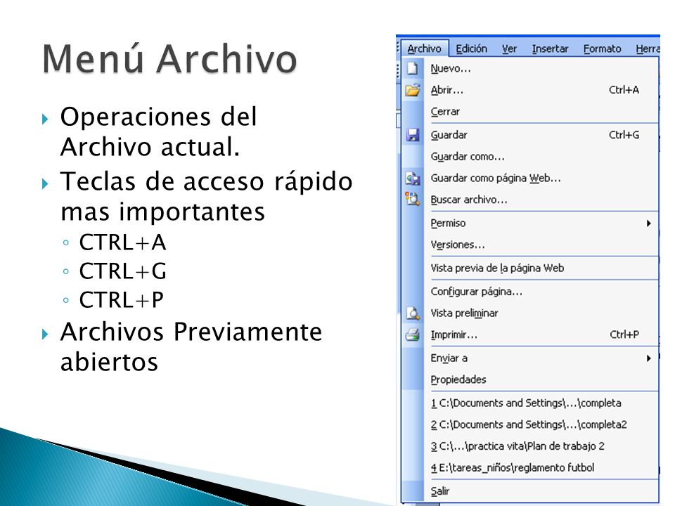 Menú Archivo Operaciones del Archivo actual.