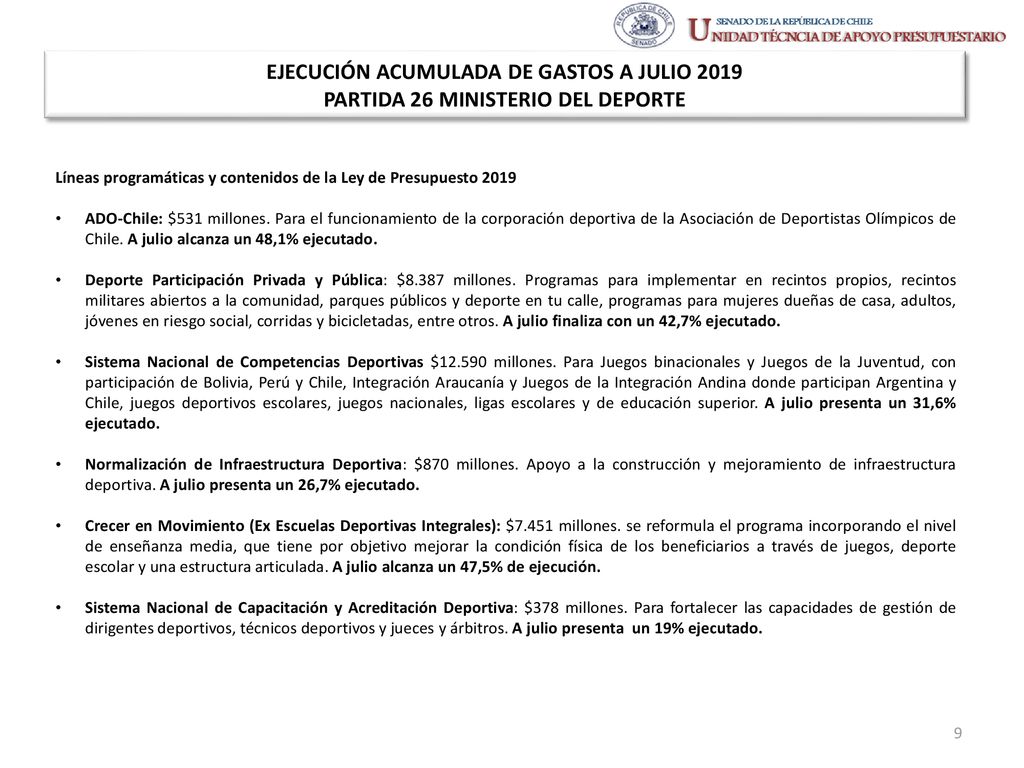 EJECUCIÓN ACUMULADA DE GASTOS A JULIO 2019 PARTIDA 26 MINISTERIO DEL DEPORTE
