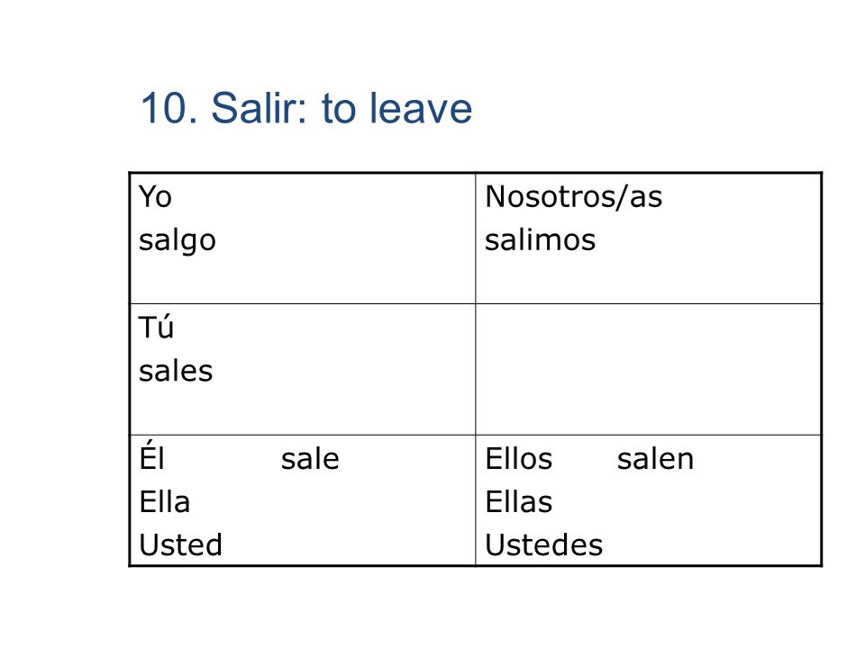 10. Salir: to leave Yo salgo Nosotros/as salimos Tú sales Él sale Ella