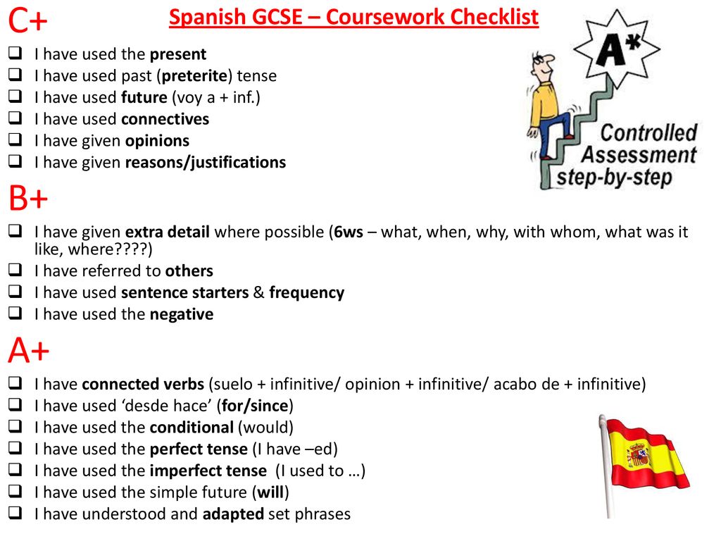 C+ B+ A+ Spanish GCSE – Coursework Checklist I have used the present