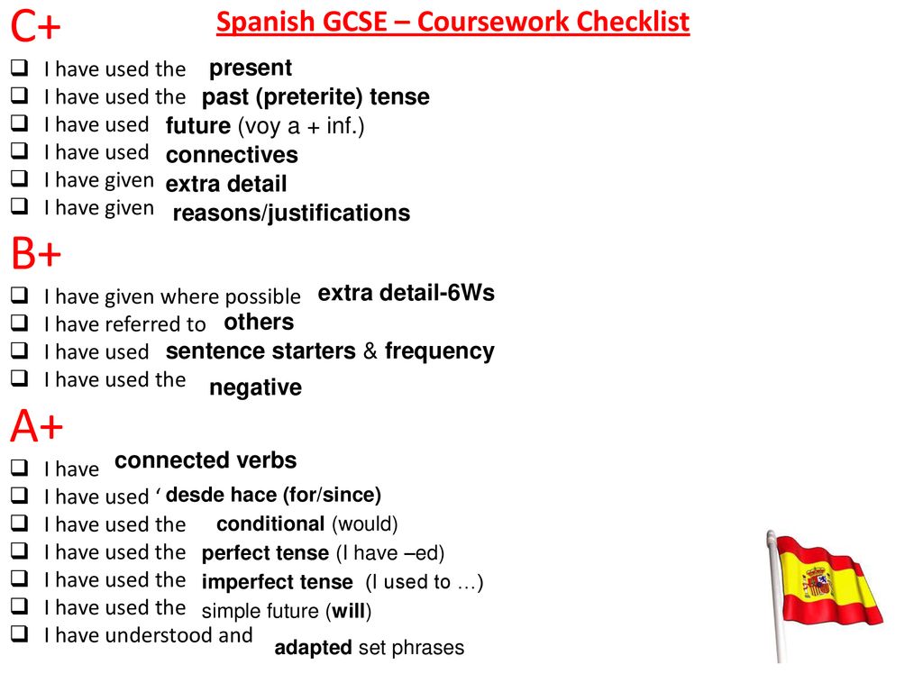C+ B+ A+ Spanish GCSE – Coursework Checklist I have used the present