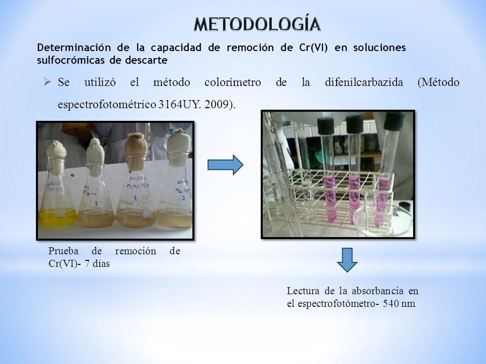 METODOLOGÍA Determinación de la capacidad de remoción de Cr(VI) en soluciones sulfocrómicas de descarte.