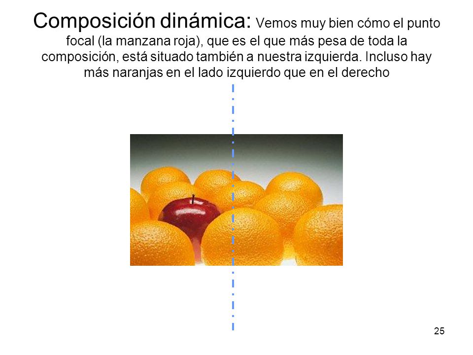 Composición dinámica: Vemos muy bien cómo el punto focal (la manzana roja), que es el que más pesa de toda la composición, está situado también a nuestra izquierda. Incluso hay más naranjas en el lado izquierdo que en el derecho