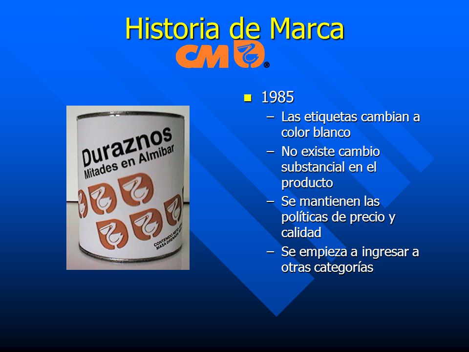 Historia de Marca 1985 Las etiquetas cambian a color blanco