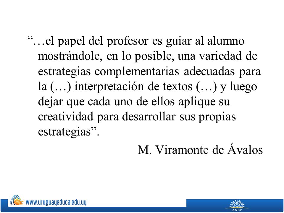 …el papel del profesor es guiar al alumno mostrándole, en lo posible, una variedad de estrategias complementarias adecuadas para la (…) interpretación de textos (…) y luego dejar que cada uno de ellos aplique su creatividad para desarrollar sus propias estrategias .