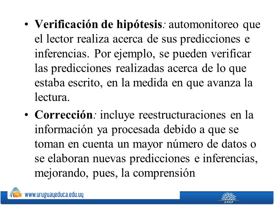 Verificación de hipótesis: automonitoreo que el lector realiza acerca de sus predicciones e inferencias. Por ejemplo, se pueden verificar las predicciones realizadas acerca de lo que estaba escrito, en la medida en que avanza la lectura.