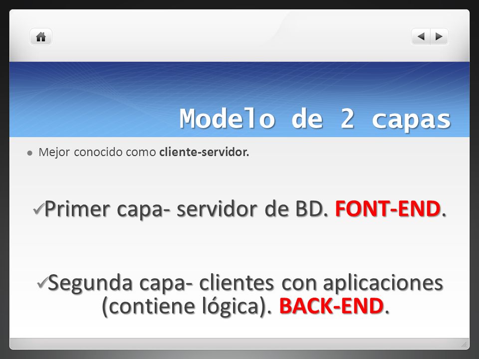 Modelo de 2 capas Primer capa- servidor de BD. FONT-END.