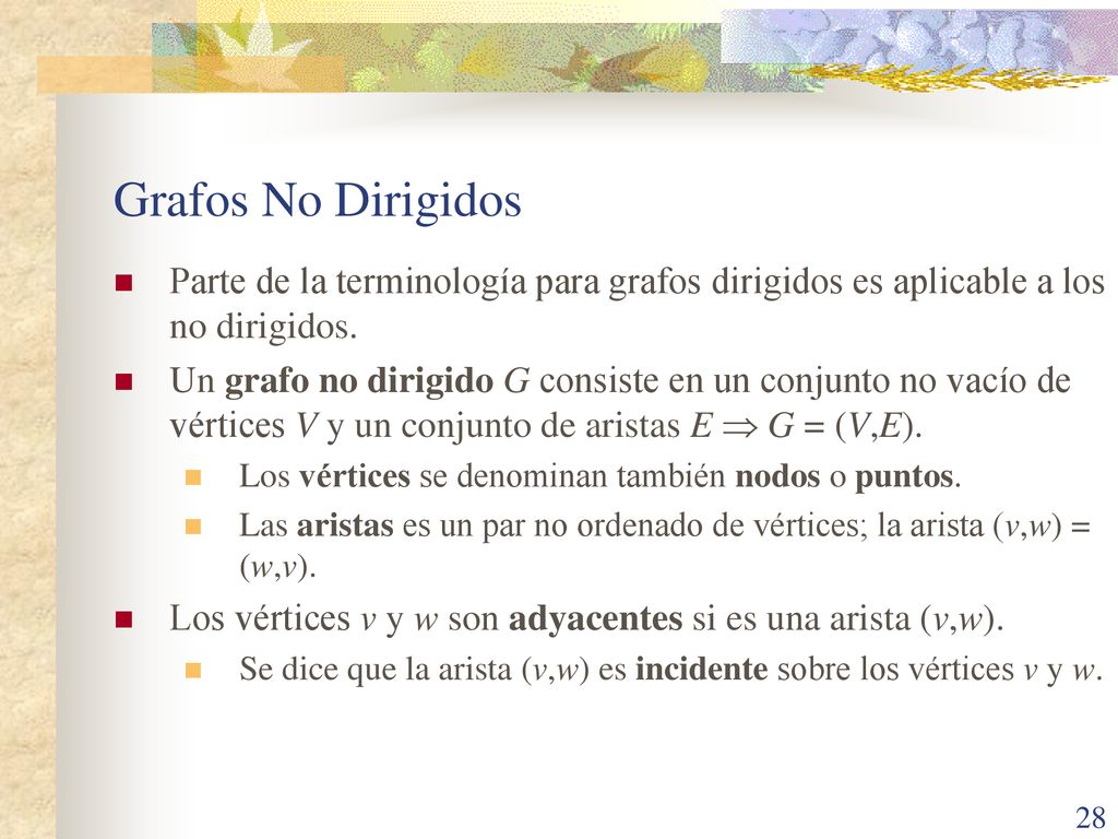 Grafos No Dirigidos Parte de la terminología para grafos dirigidos es aplicable a los no dirigidos.