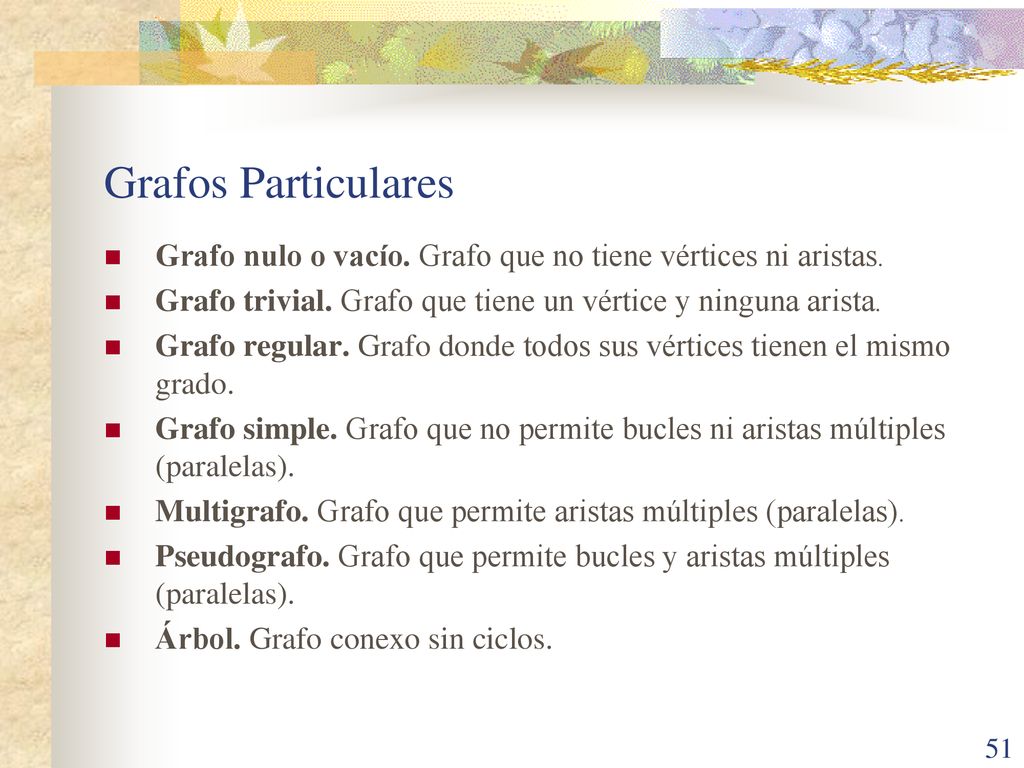 Grafos Particulares Grafo nulo o vacío. Grafo que no tiene vértices ni aristas. Grafo trivial. Grafo que tiene un vértice y ninguna arista.