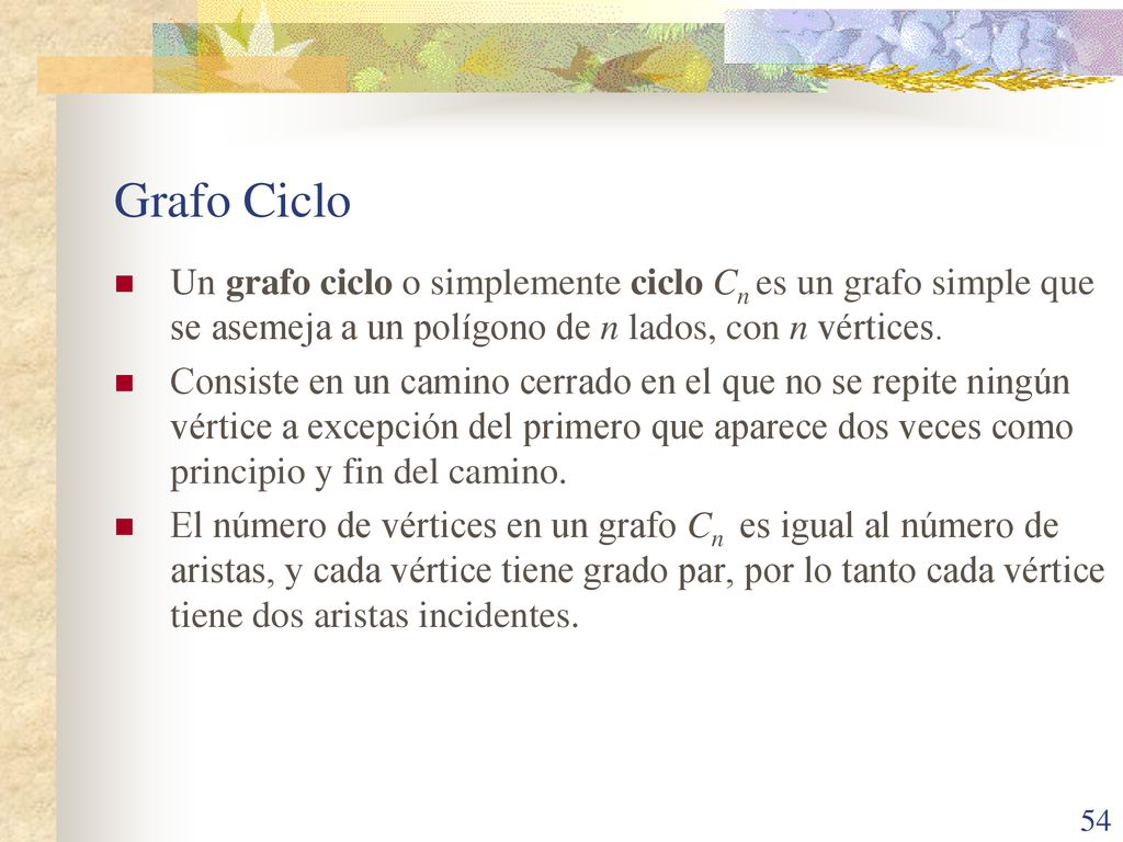 Grafo Ciclo Un grafo ciclo o simplemente ciclo Cn es un grafo simple que se asemeja a un polígono de n lados, con n vértices.