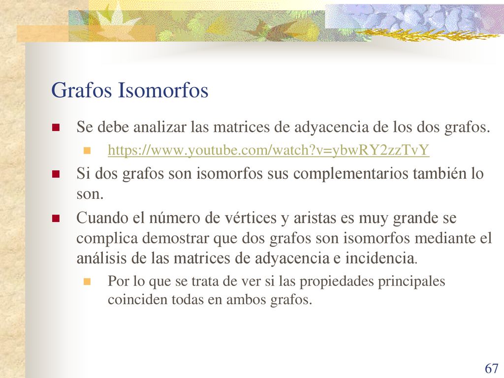 Grafos Isomorfos Se debe analizar las matrices de adyacencia de los dos grafos.   v=ybwRY2zzTvY.
