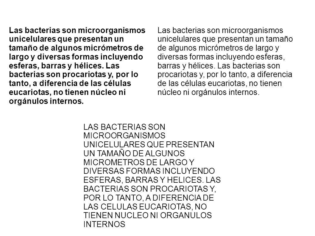 Las bacterias son microorganismos unicelulares que presentan un tamaño de algunos micrómetros de largo y diversas formas incluyendo esferas, barras y hélices. Las bacterias son procariotas y, por lo tanto, a diferencia de las células eucariotas, no tienen núcleo ni orgánulos internos.