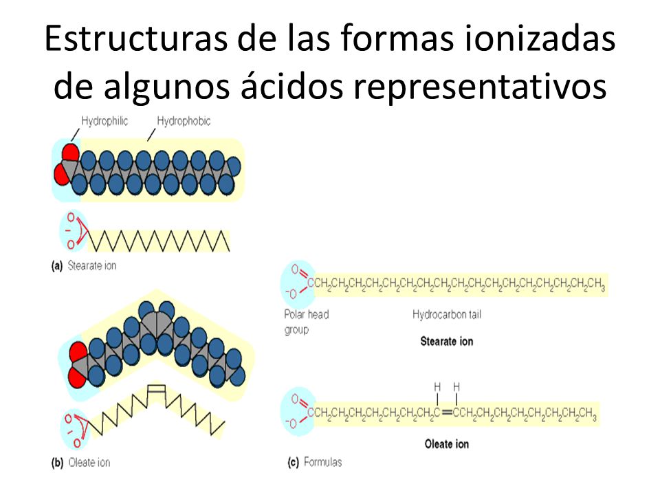 Estructuras de las formas ionizadas de algunos ácidos representativos