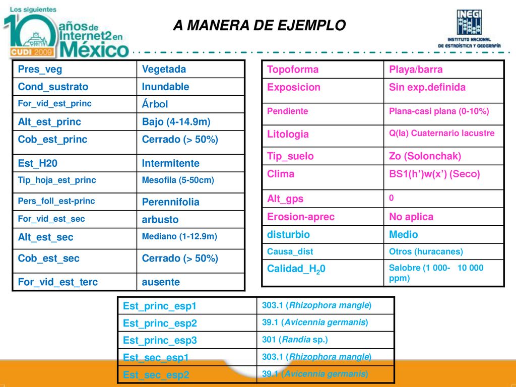 A MANERA DE EJEMPLO Pres_veg Vegetada Cond_sustrato Inundable Árbol