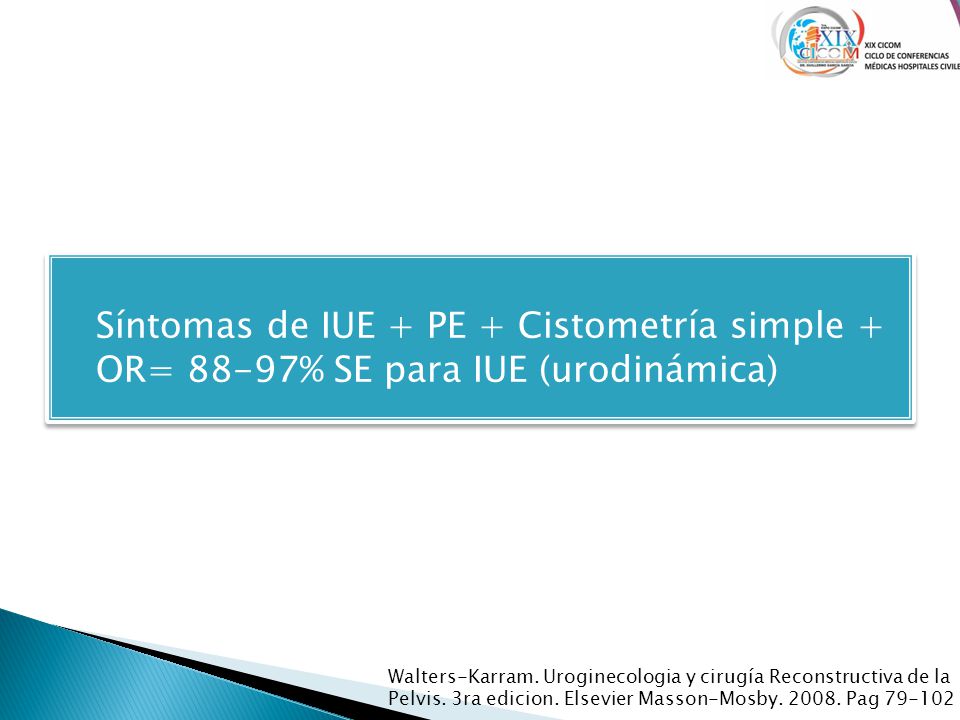 Síntomas de IUE + PE + Cistometría simple + OR= 88-97% SE para IUE (urodinámica)