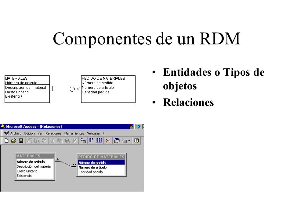 Componentes de un RDM Entidades o Tipos de objetos Relaciones