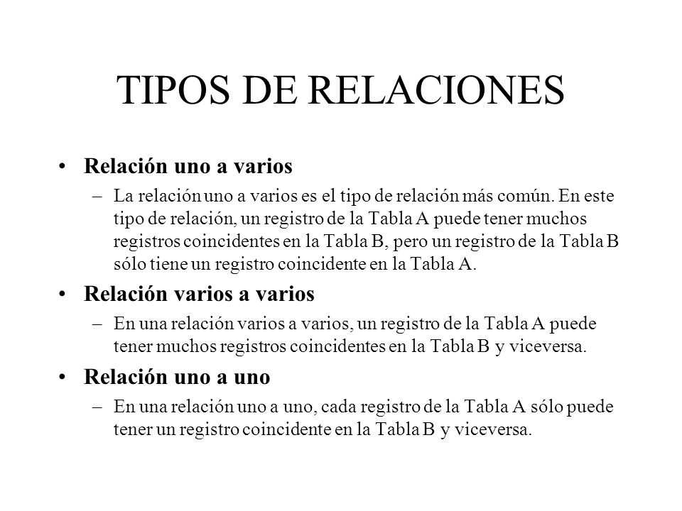 TIPOS DE RELACIONES Relación uno a varios Relación varios a varios