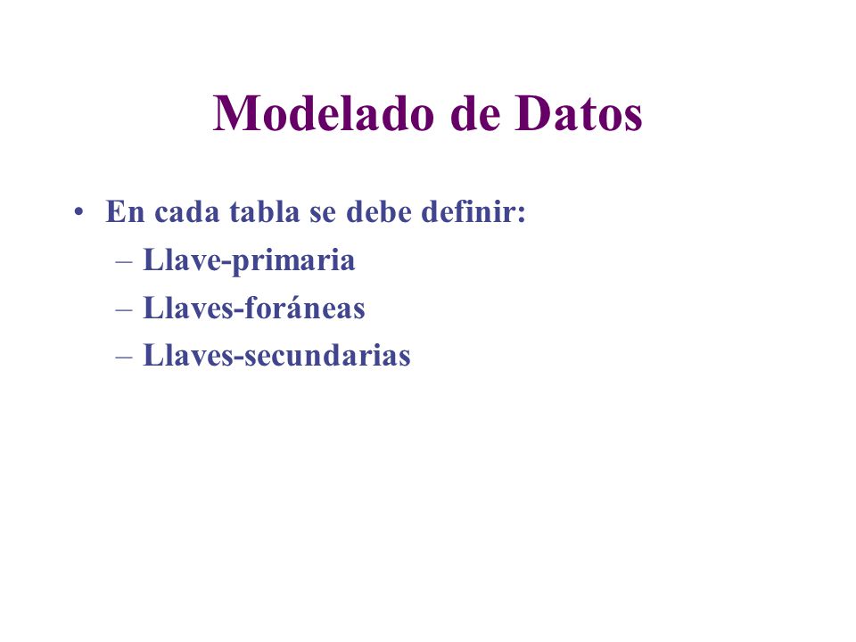 Modelado de Datos En cada tabla se debe definir: Llave-primaria