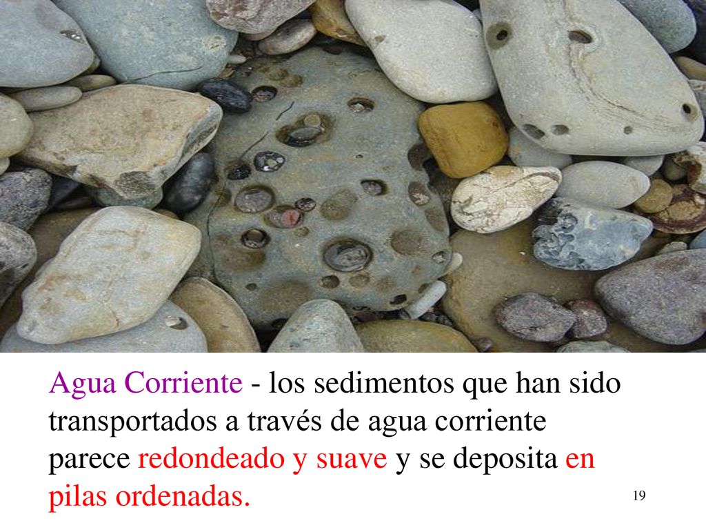 Agua Corriente - los sedimentos que han sido transportados a través de agua corriente parece redondeado y suave y se deposita en pilas ordenadas.