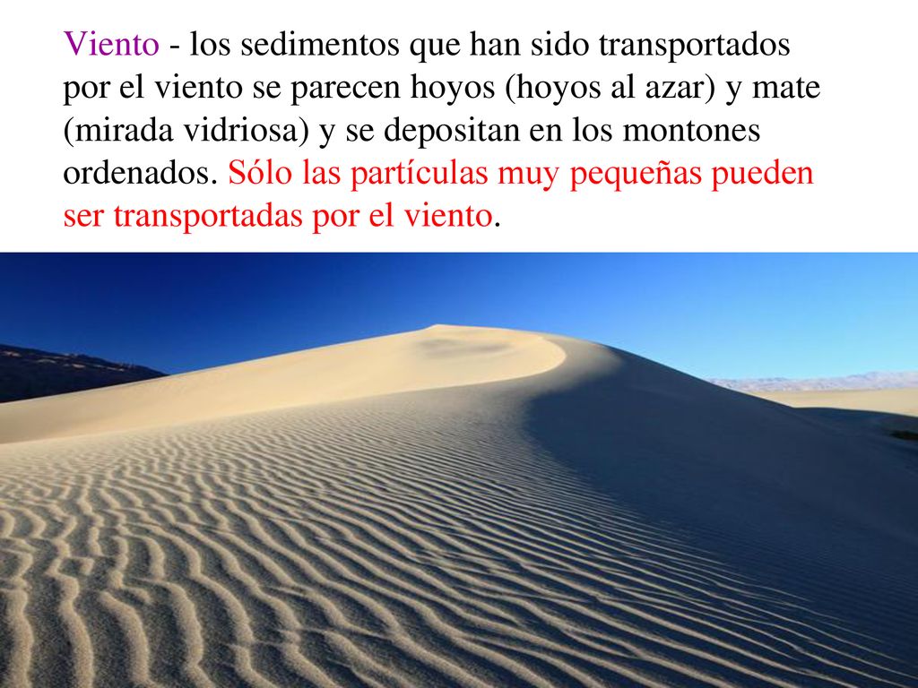 Viento - los sedimentos que han sido transportados por el viento se parecen hoyos (hoyos al azar) y mate (mirada vidriosa) y se depositan en los montones ordenados.