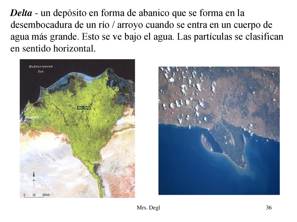Delta - un depósito en forma de abanico que se forma en la desembocadura de un río / arroyo cuando se entra en un cuerpo de agua más grande. Esto se ve bajo el agua. Las partículas se clasifican en sentido horizontal.