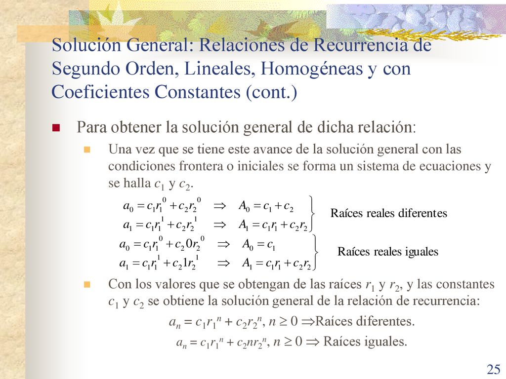 Solución General: Relaciones de Recurrencia de Segundo Orden, Lineales, Homogéneas y con Coeficientes Constantes (cont.)