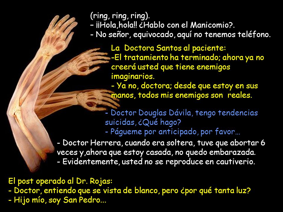 (ring, ring, ring). – ¡¡Hola,hola!! ¿Hablo con el Manicomio . - No señor, equivocado, aquí no tenemos teléfono.