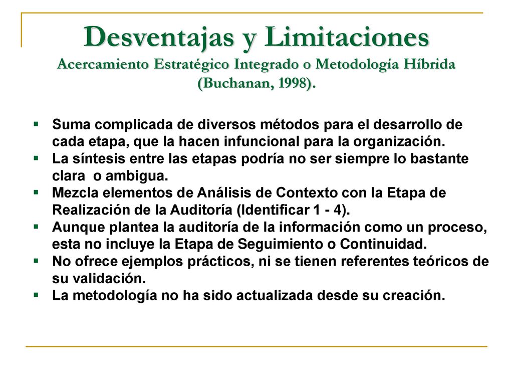 Desventajas y Limitaciones Acercamiento Estratégico Integrado o Metodología Híbrida (Buchanan, 1998).