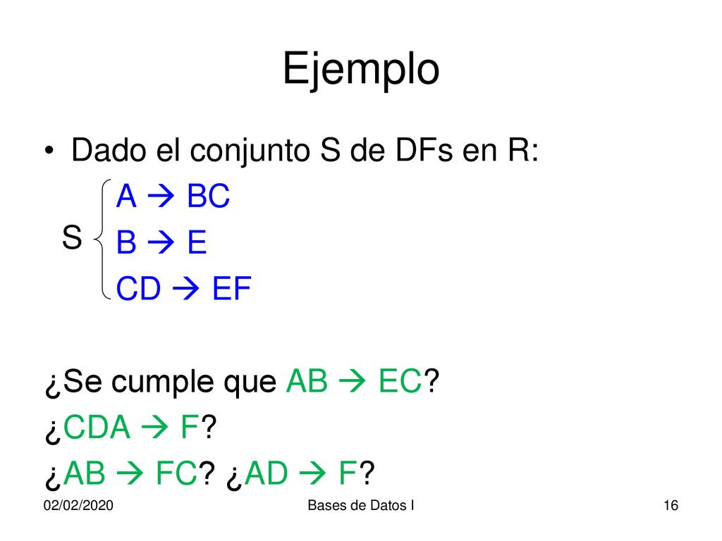 Ejemplo Dado el conjunto S de DFs en R: A  BC B  E CD  EF S