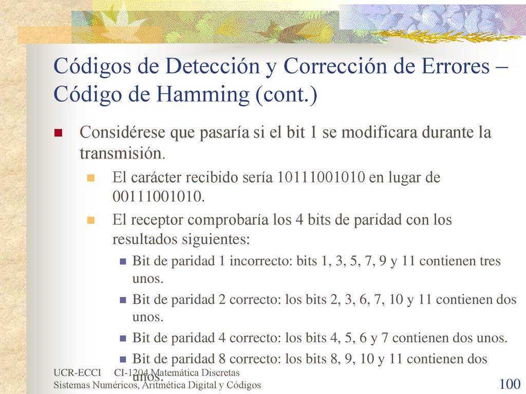 Códigos de Detección y Corrección de Errores – Código de Hamming (cont