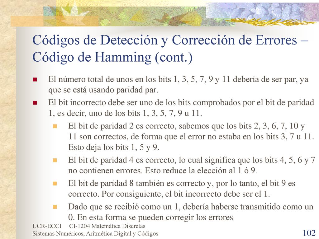 Códigos de Detección y Corrección de Errores – Código de Hamming (cont