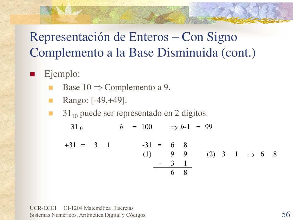Representación de Enteros – Con Signo Complemento a la Base Disminuida (cont.)