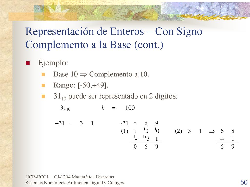 Representación de Enteros – Con Signo Complemento a la Base (cont.)