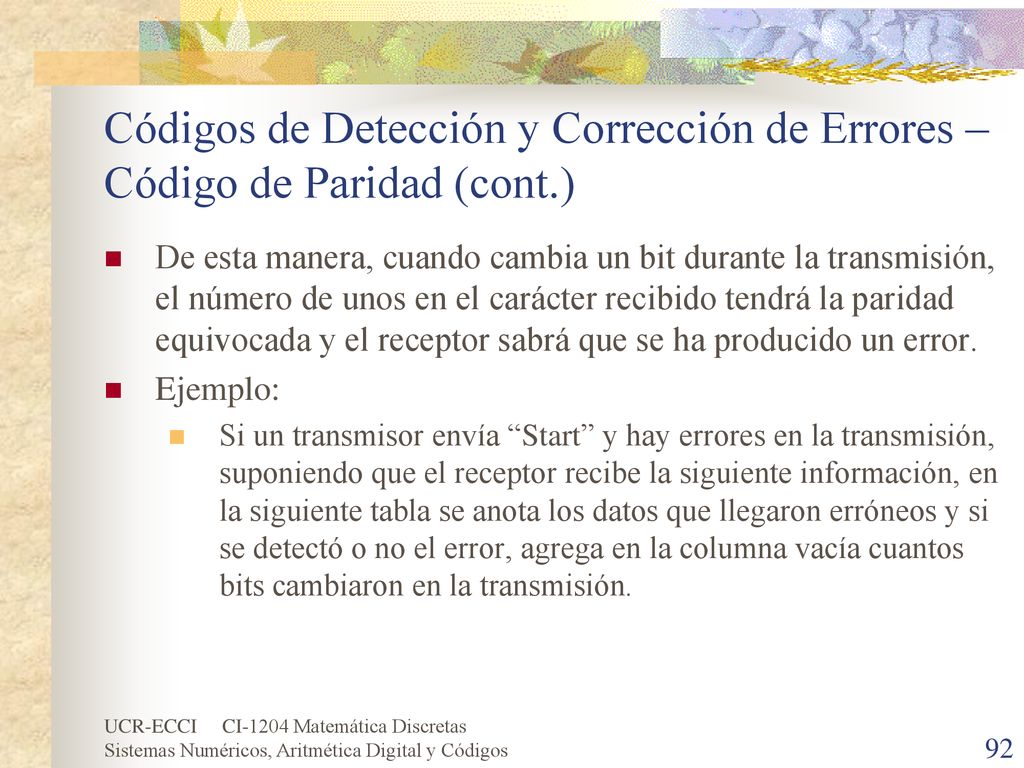 Códigos de Detección y Corrección de Errores – Código de Paridad (cont