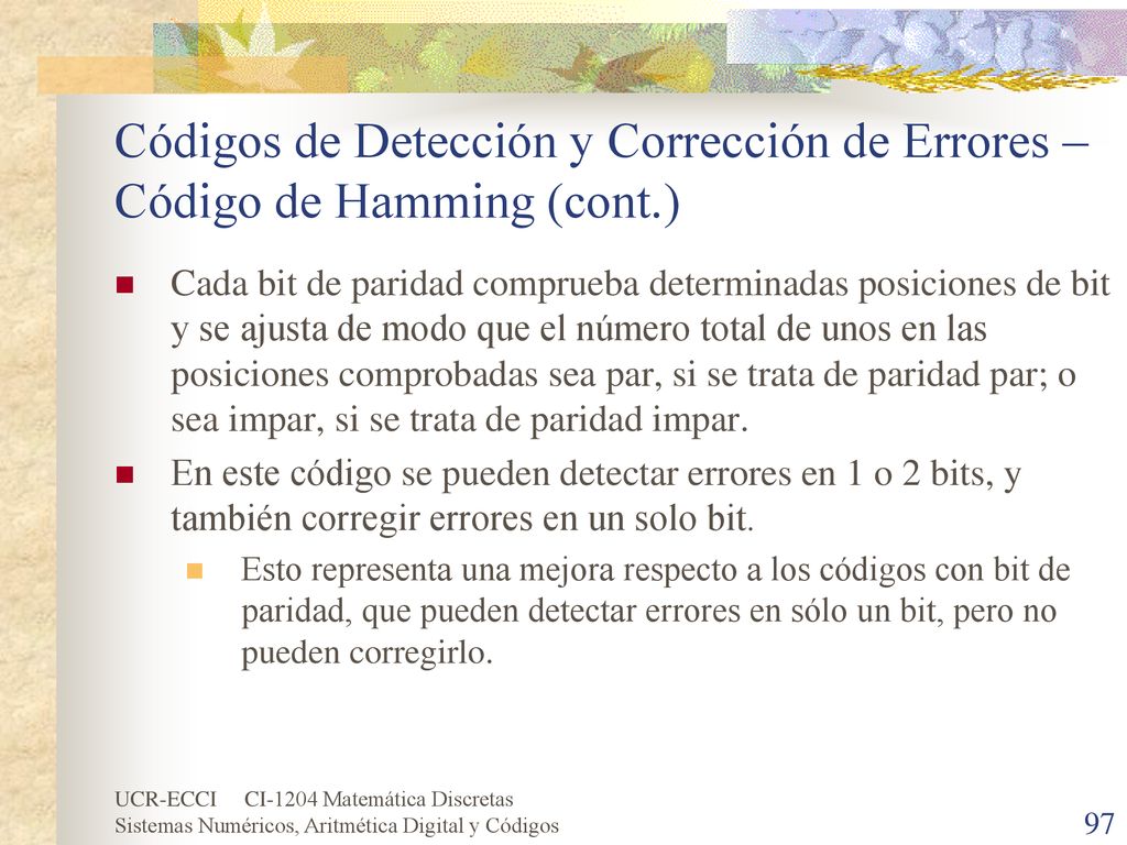 Códigos de Detección y Corrección de Errores – Código de Hamming (cont