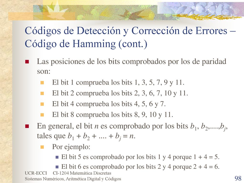 Códigos de Detección y Corrección de Errores – Código de Hamming (cont