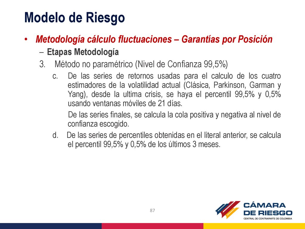 Modelo de Riesgo Metodología cálculo fluctuaciones – Garantías por Posición. Etapas Metodología. Método no paramétrico (Nivel de Confianza 99,5%)
