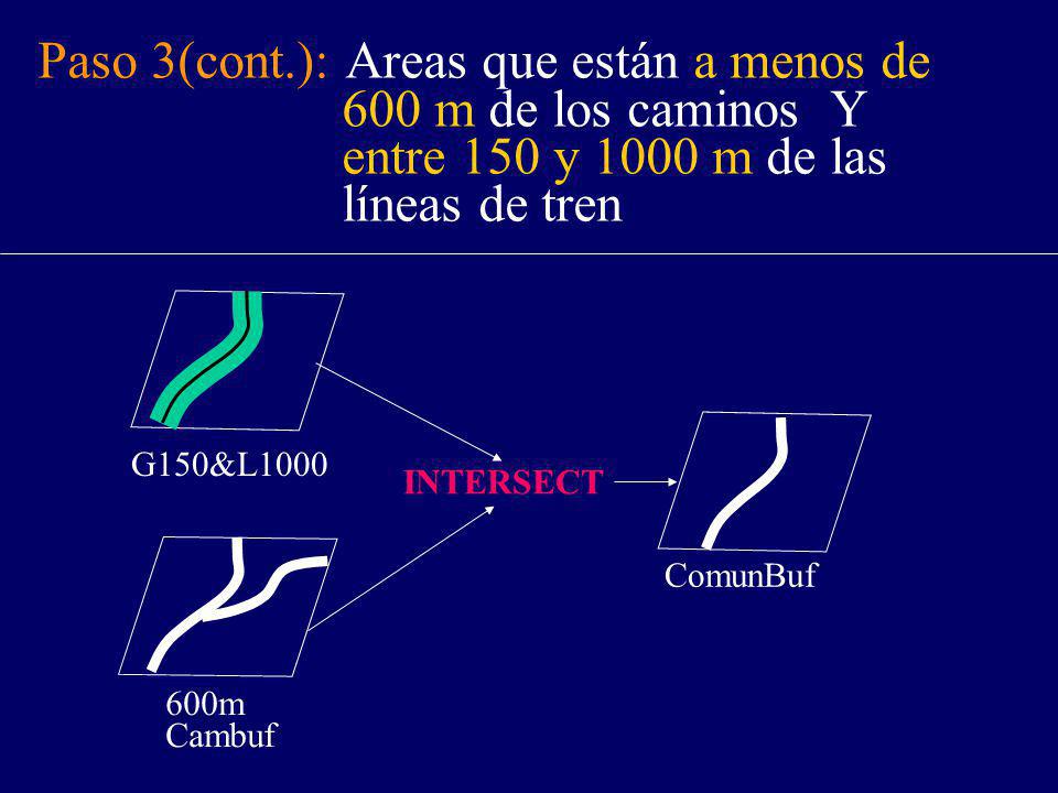 Paso 3(cont.): Areas que están a menos de 600 m de los caminos Y entre 150 y 1000 m de las líneas de tren