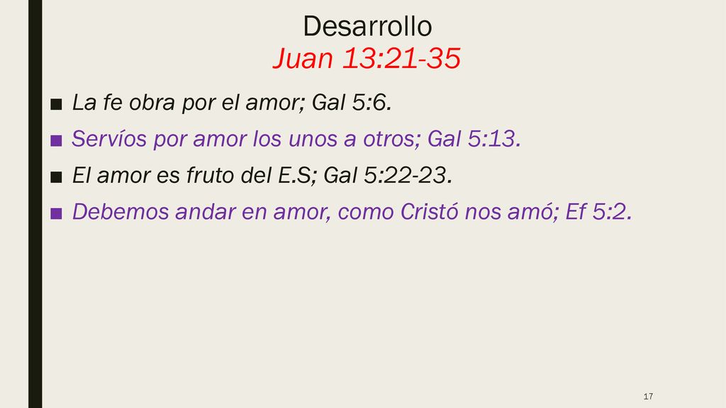 Desarrollo Juan 13:21-35 La fe obra por el amor; Gal 5:6.