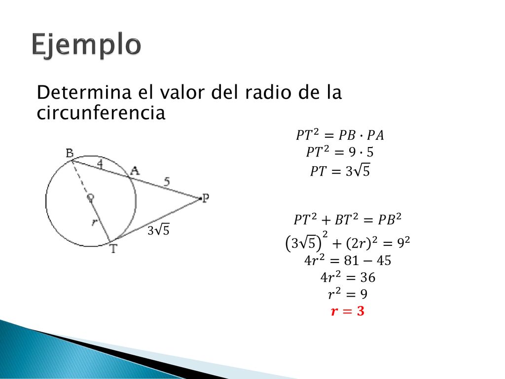 Ejemplo Determina el valor del radio de la circunferencia 𝑃𝑇 2 =𝑃𝐵∙𝑃𝐴