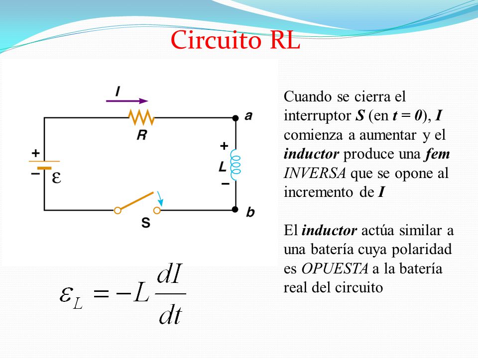 Circuito RL Cuando se cierra el interruptor S (en t = 0), I comienza a aumentar y el inductor produce una fem INVERSA que se opone al incremento de I.