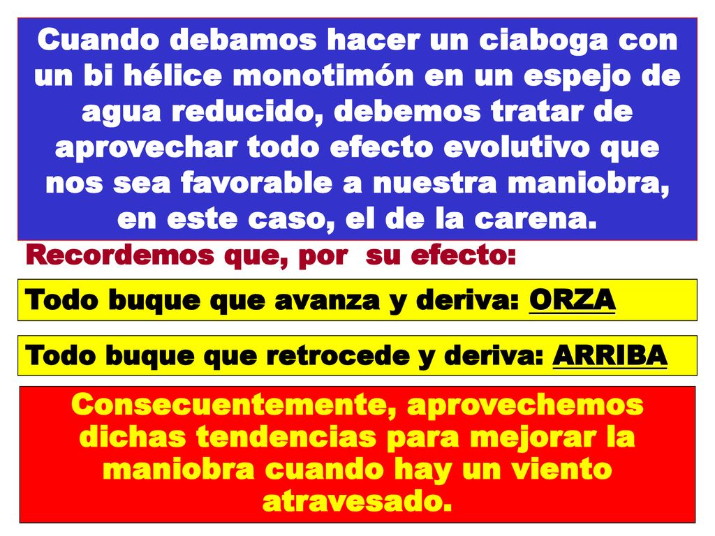 Cuando debamos hacer un ciaboga con un bi hélice monotimón en un espejo de agua reducido, debemos tratar de aprovechar todo efecto evolutivo que nos sea favorable a nuestra maniobra, en este caso, el de la carena.